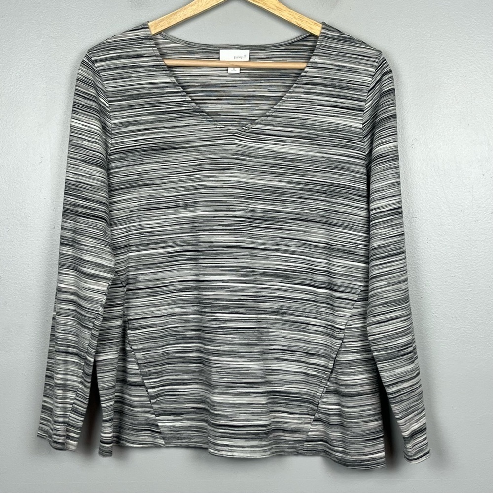 PureJill black & white space dye v-neck boxy 100% cotton top, medium petite.